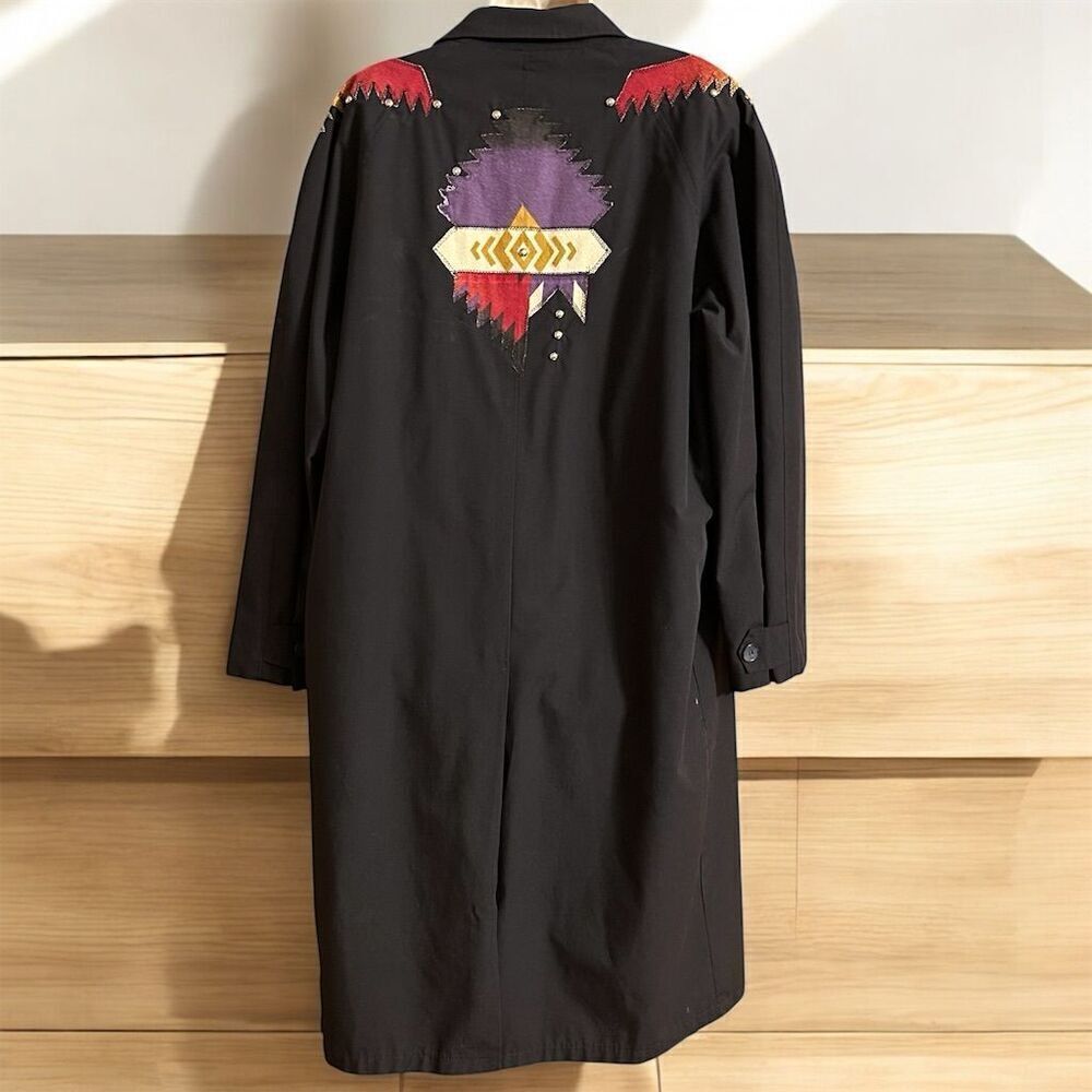 Vintage Campus Permanent Press Black Unisex Southwestern Embellished Trench Coat - Picture 3 of 16